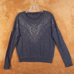 ELODIE Womens Sweater Small Charcoal Pullover Studded Boho Knit Drop Shoulder